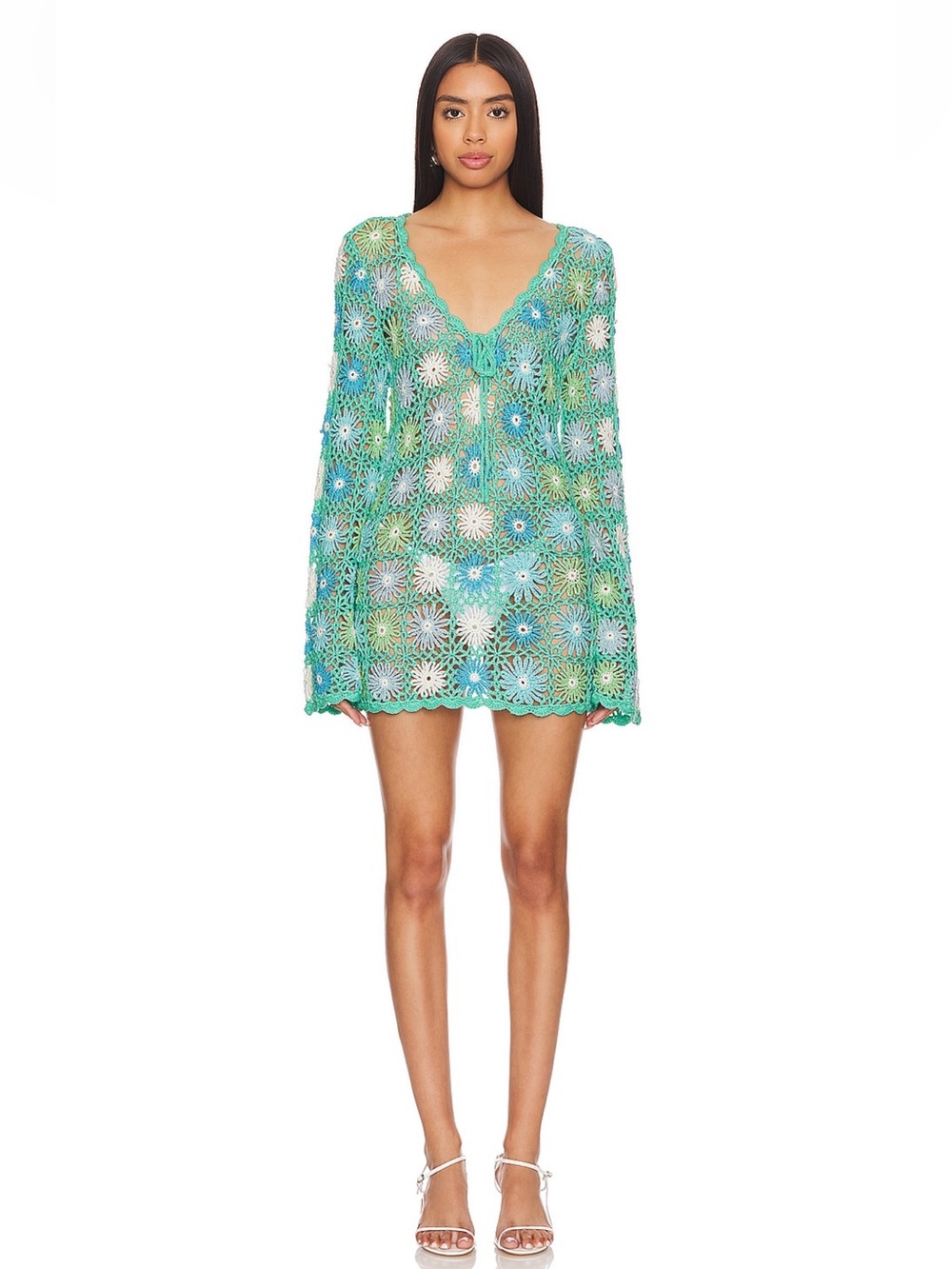 NEW Show Me Your Mumu Vacay Mini Crochet Coverup in Blue Multi Floral size XS